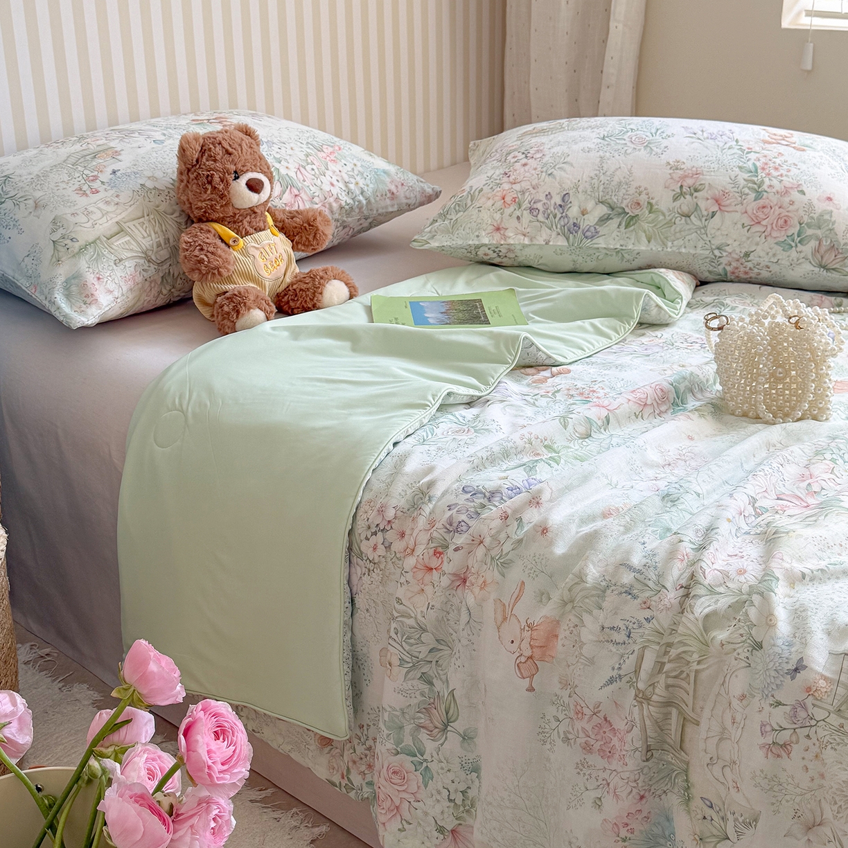 91家纺网 家纺一手货源 找家纺 麦伦家居 2026新品双层纱小冰皮夏被夏凉被空调被 盛夏粉德拉-绿