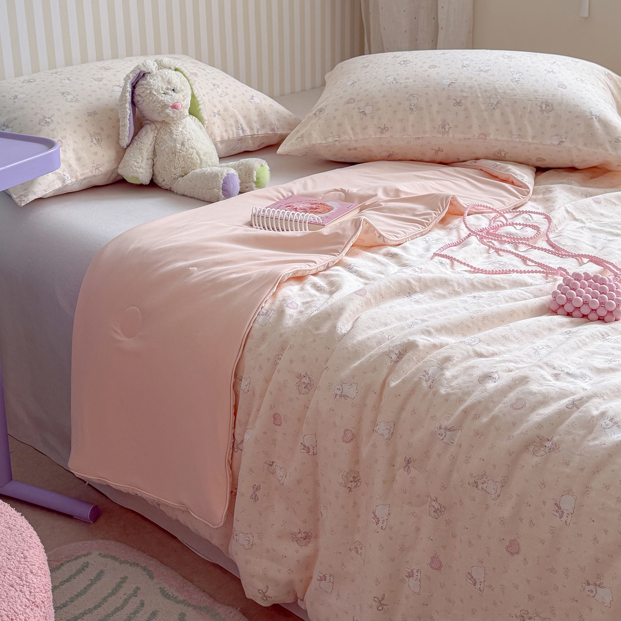 91家纺网 家纺一手货源 找家纺 麦伦家居 2026新品双层纱小冰皮夏被夏凉被空调被 粉兔甜心-粉