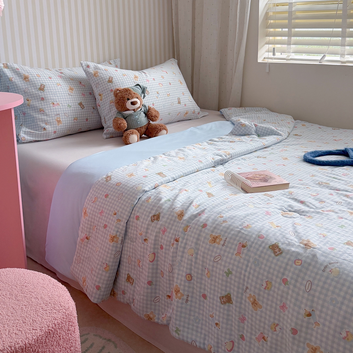 91家纺网 家纺一手货源 找家纺 麦伦家居 2026新品双层纱小冰皮夏被夏凉被空调被 蓝格甜熊