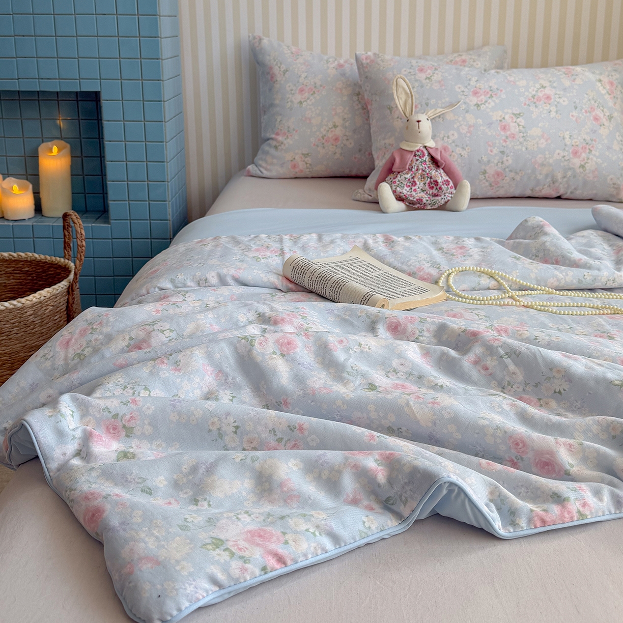 91家纺网 家纺一手货源 找家纺 麦伦家居 2026新品双层纱小冰皮夏被夏凉被空调被 蓝雾玫瑰