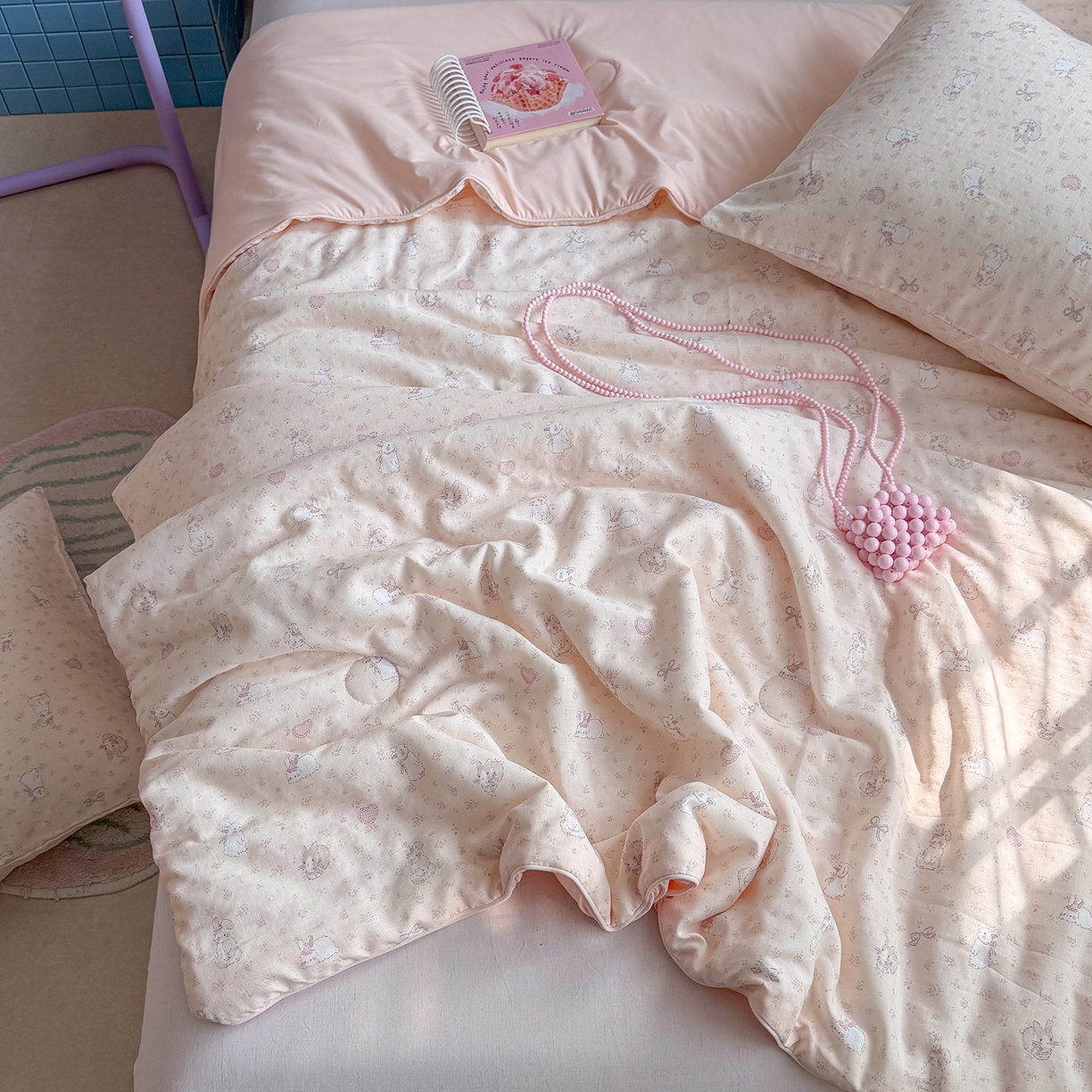 91家纺网 家纺一手货源 找家纺 麦伦家居 2026新品双层纱小冰皮夏被夏凉被空调被 粉兔甜心-粉