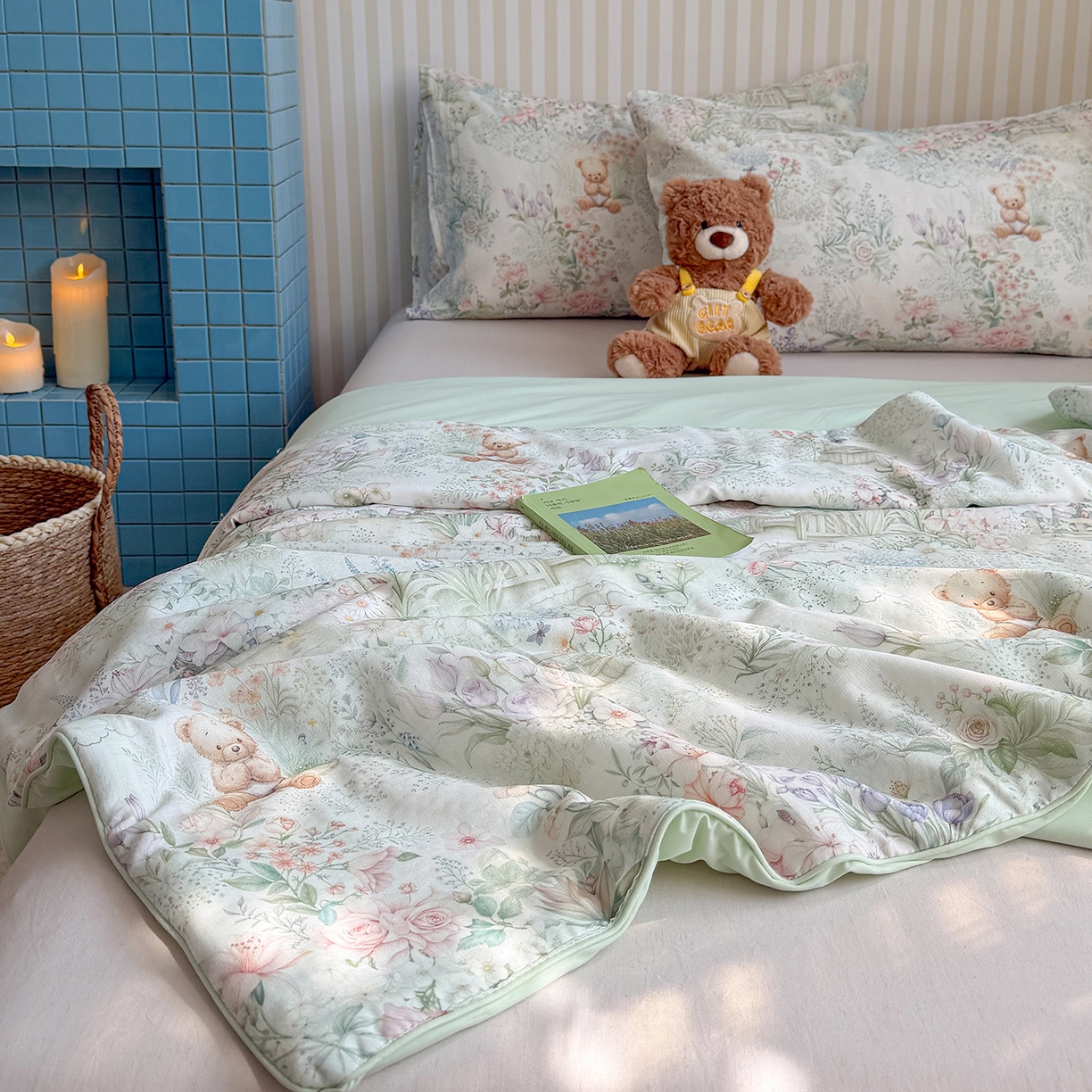 91家纺网 家纺一手货源 找家纺 麦伦家居 2026新品双层纱小冰皮夏被夏凉被空调被 盛夏粉德拉-绿