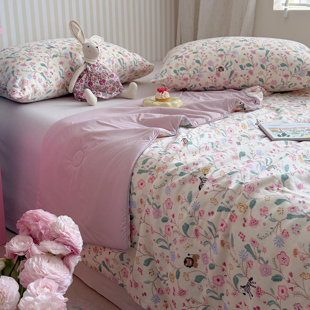 91家纺网 家纺一手货源 找家纺 麦伦家居 2026新品双层纱小冰皮夏被夏凉被空调被 浅夏花藤