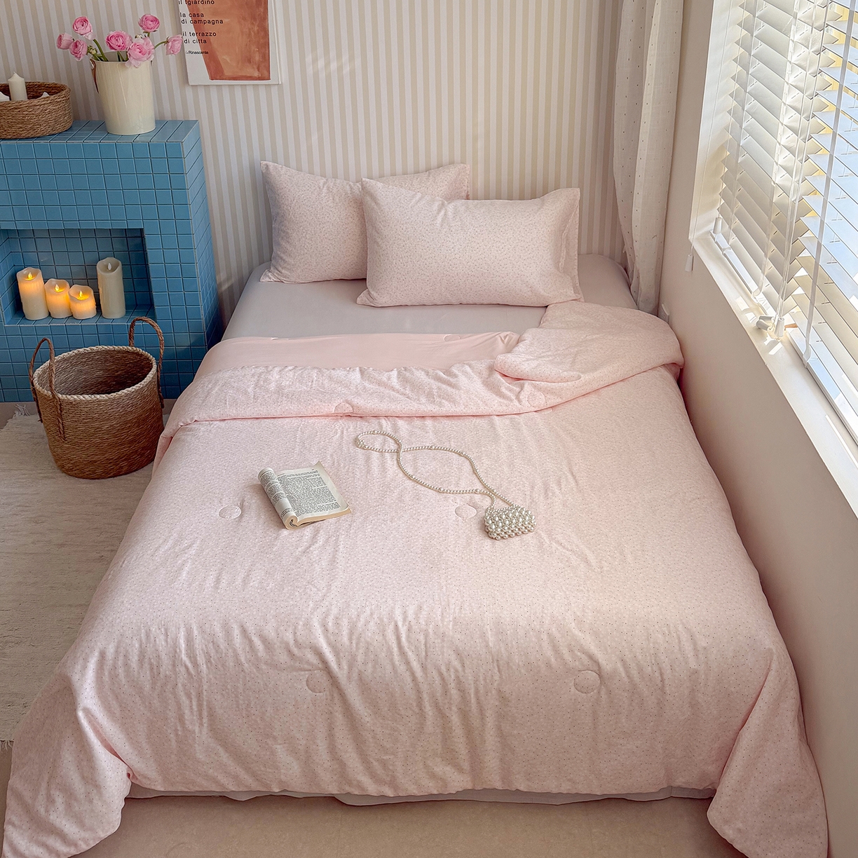 91家纺网 家纺一手货源 找家纺 麦伦家居 2026新品双层纱小冰皮夏被夏凉被空调被 漫天星辰粉