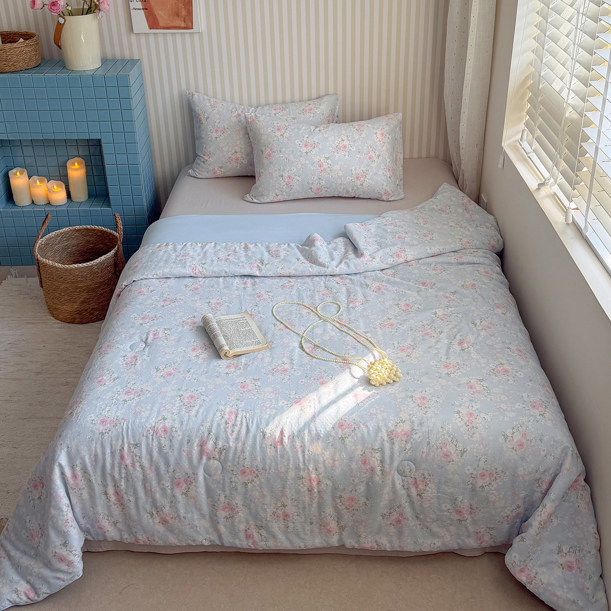 91家纺网 家纺一手货源 找家纺 麦伦家居 2026新品双层纱小冰皮夏被夏凉被空调被 蓝雾玫瑰