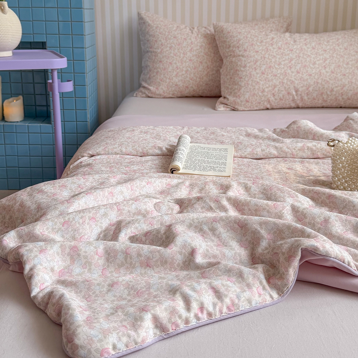 91家纺网 家纺一手货源 找家纺 麦伦家居 2026新品双层纱小冰皮夏被夏凉被空调被 樱花奶冻