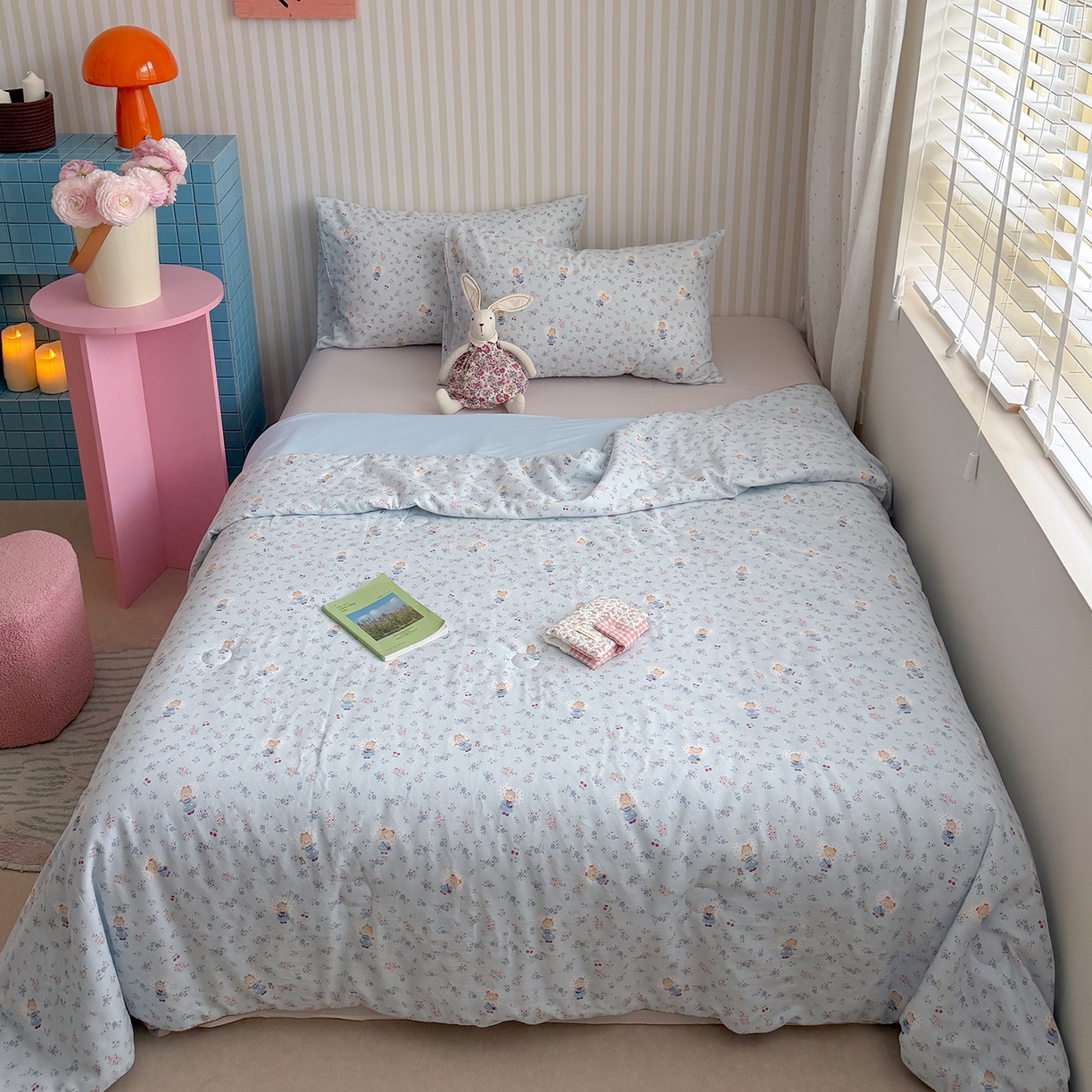 91家纺网 家纺一手货源 找家纺 麦伦家居 2026新品双层纱小冰皮夏被夏凉被空调被 樱蓝少女