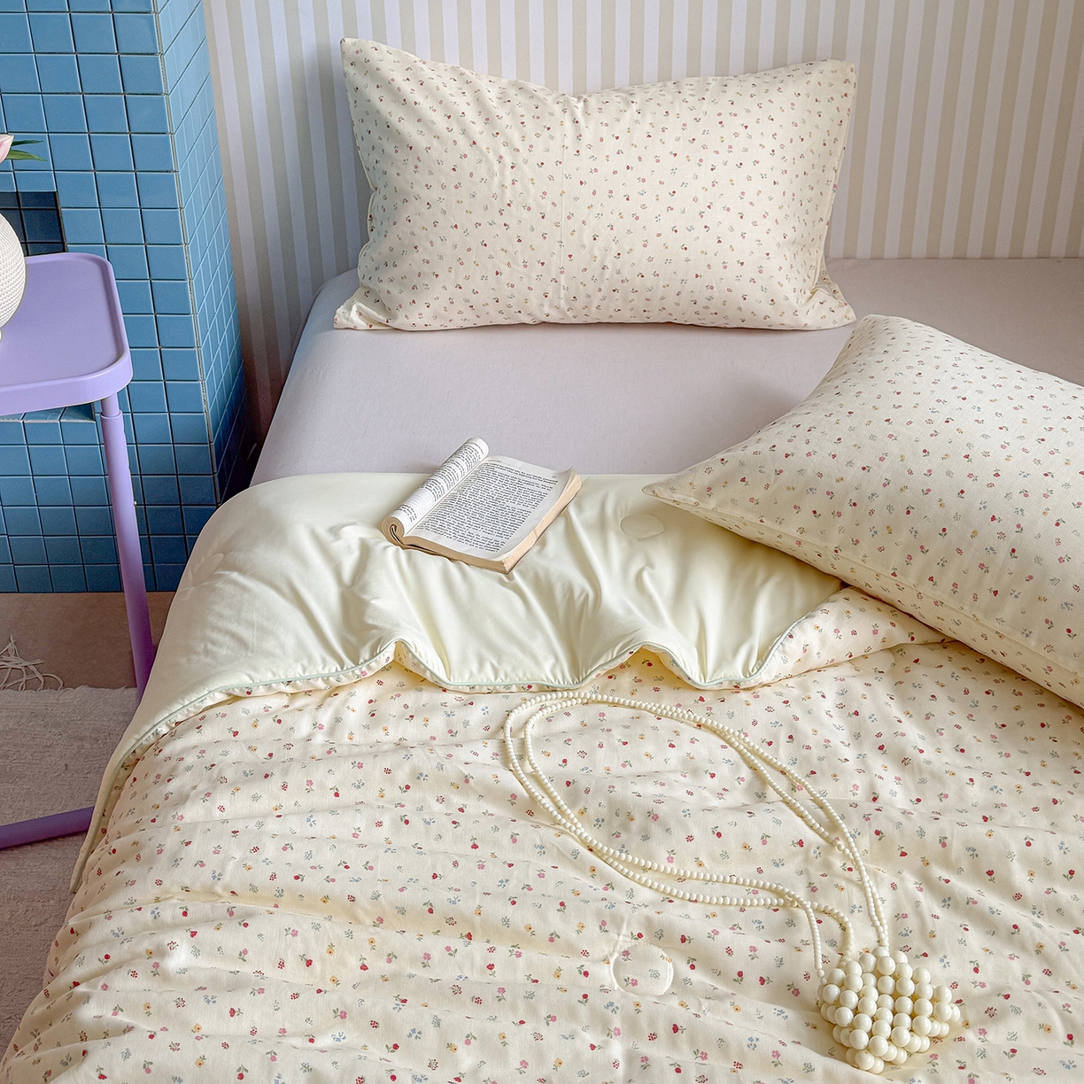 91家纺网 家纺一手货源 找家纺 麦伦家居 2026新品双层纱小冰皮夏被夏凉被空调被 奶杏小碎花