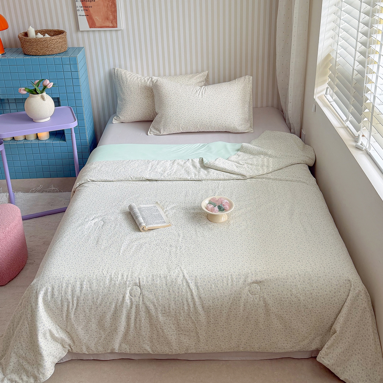 91家纺网 家纺一手货源 找家纺 麦伦家居 2026新品双层纱小冰皮夏被夏凉被空调被 奶绿草莓