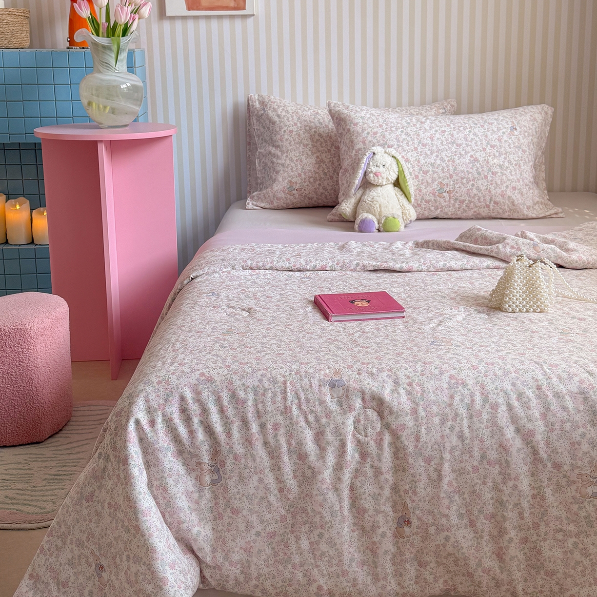 91家纺网 家纺一手货源 找家纺 麦伦家居 2026新品双层纱小冰皮夏被夏凉被空调被 花影兔粉