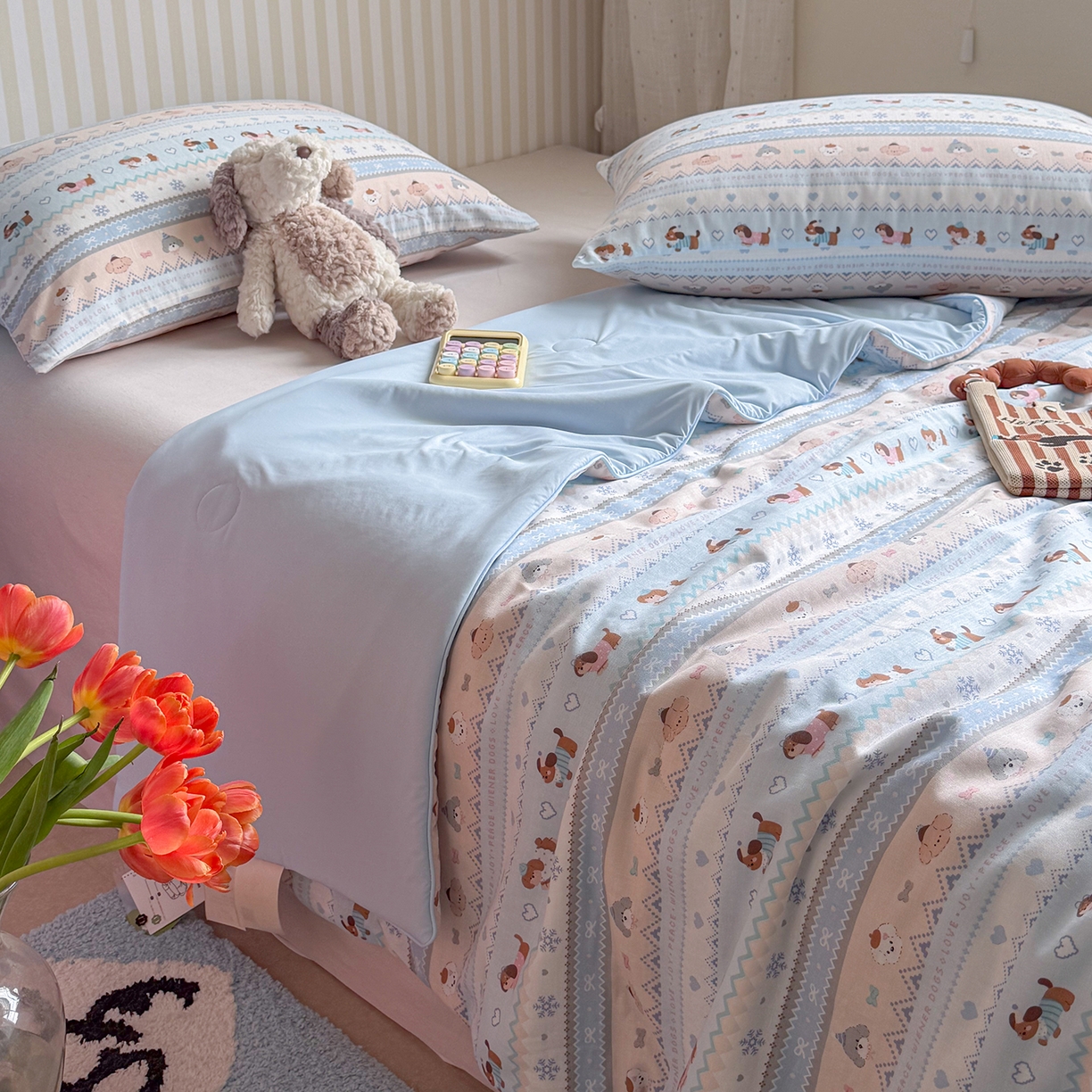 91家纺网 家纺一手货源 找家纺 麦伦家居 2026新品双层纱小冰皮夏被夏凉被空调被 费尔岛小狗