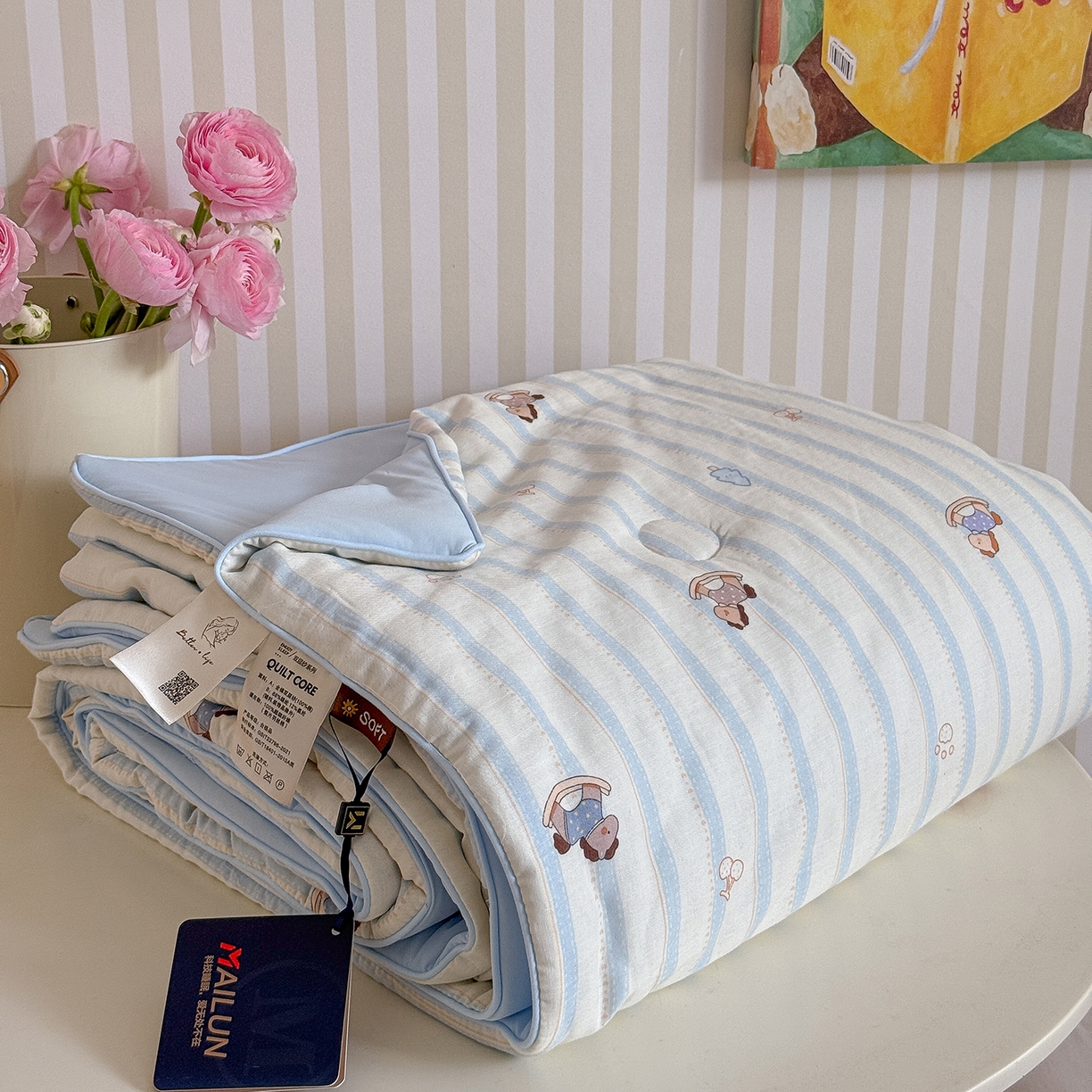 91家纺网 家纺一手货源 找家纺 麦伦家居 2026新品双层纱小冰皮夏被夏凉被空调被 摇摇马蓝