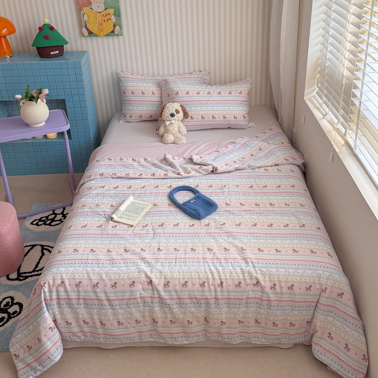 91家纺网 家纺一手货源 找家纺 麦伦家居 2026新品双层纱小冰皮夏被夏凉被空调被 紫色木马