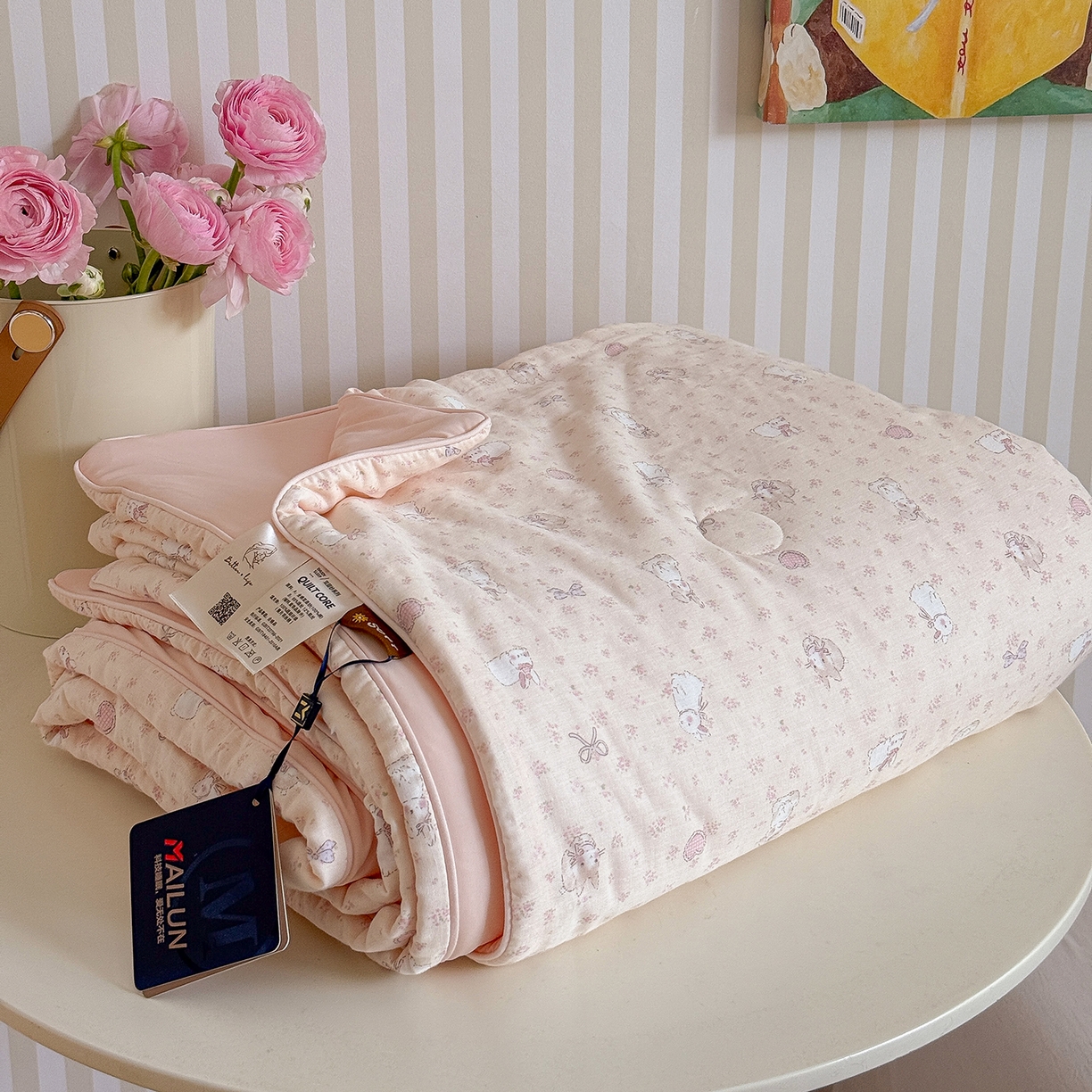 91家纺网 家纺一手货源 找家纺 麦伦家居 2026新品双层纱小冰皮夏被夏凉被空调被 粉兔甜心-粉