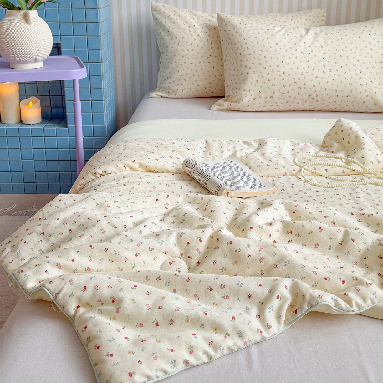 91家纺网 家纺一手货源 找家纺 麦伦家居 2026新品双层纱小冰皮夏被夏凉被空调被 奶杏小碎花