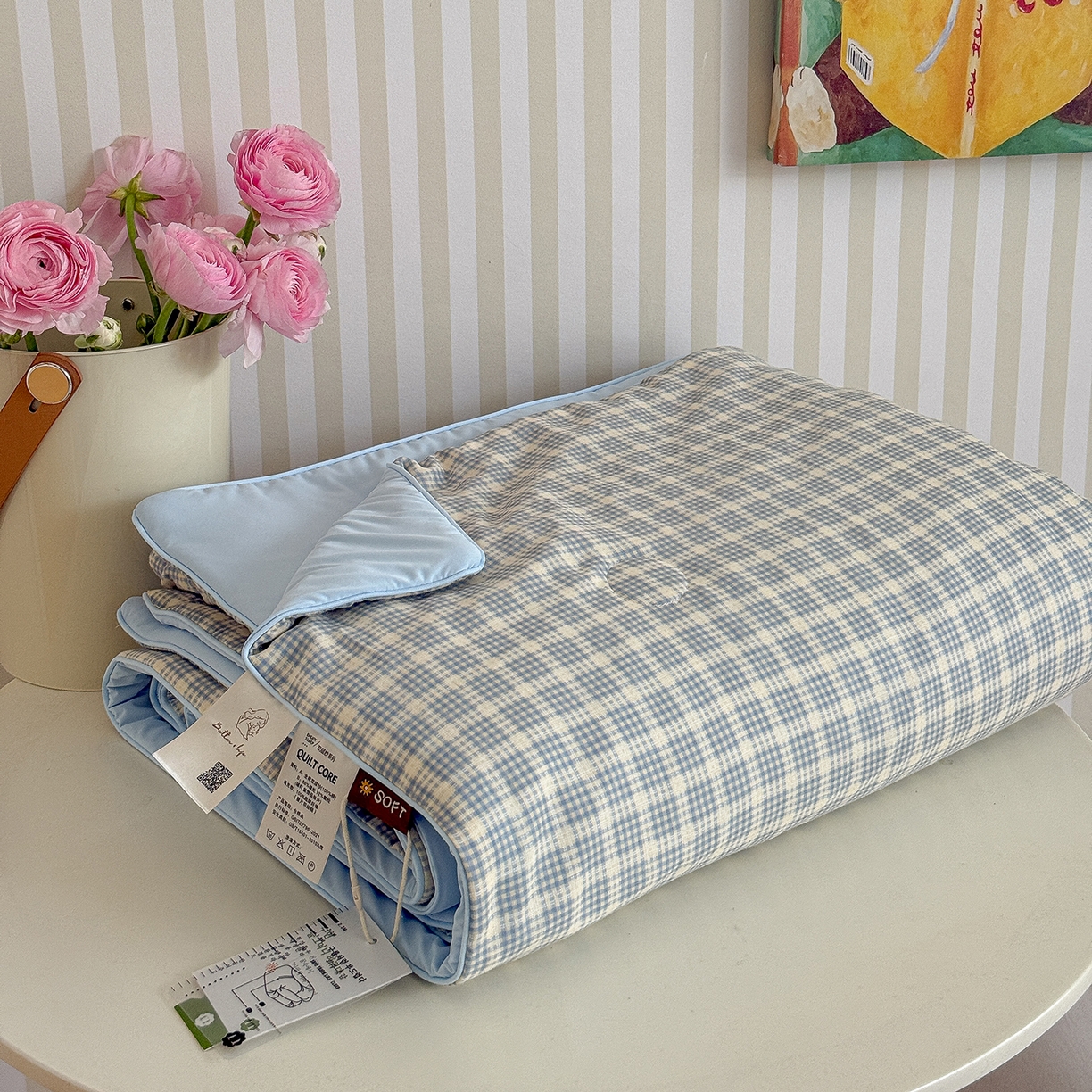 91家纺网 家纺一手货源 找家纺 麦伦家居 2026新品双层纱小冰皮夏被夏凉被空调被 方格蓝