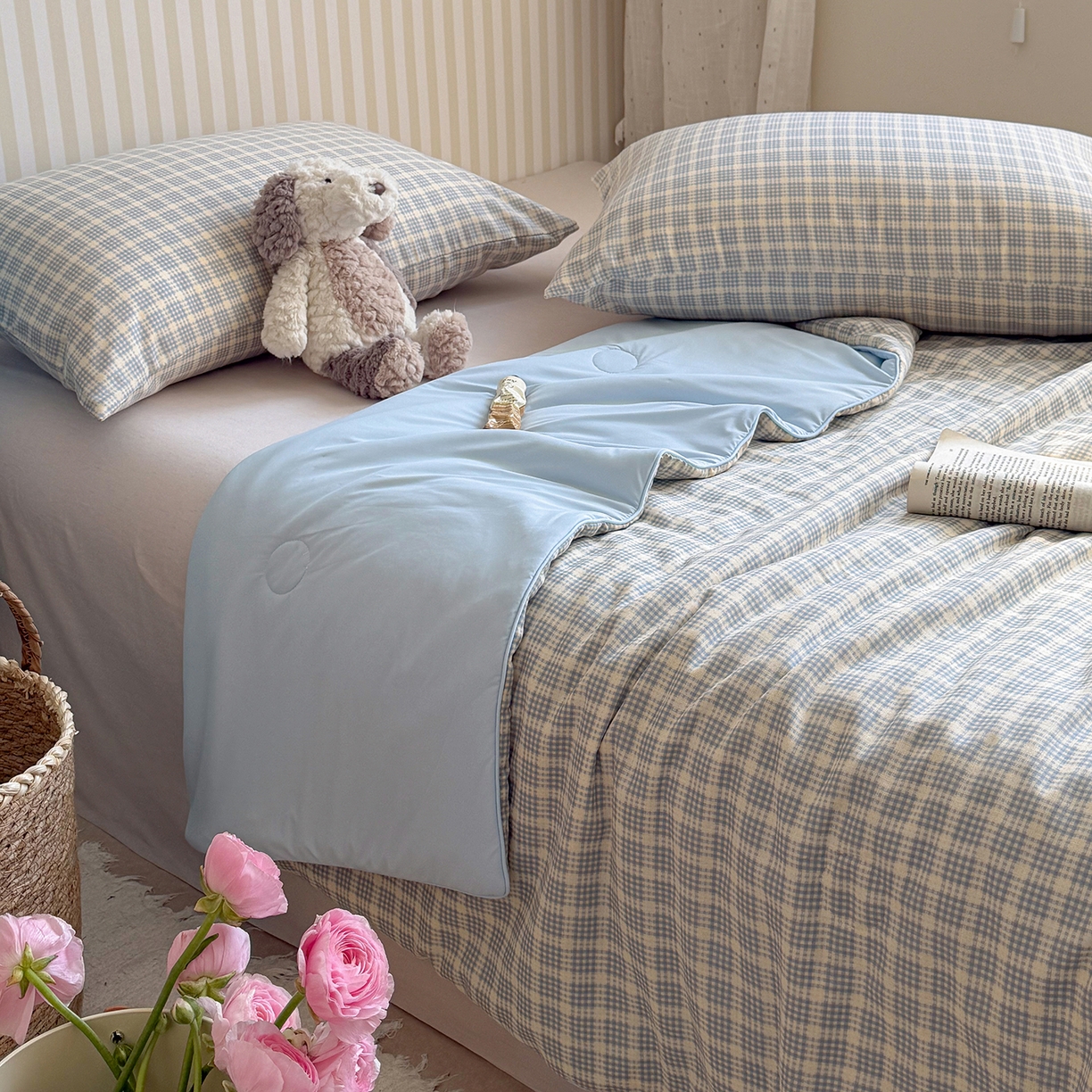 91家纺网 家纺一手货源 找家纺 麦伦家居 2026新品双层纱小冰皮夏被夏凉被空调被 方格蓝