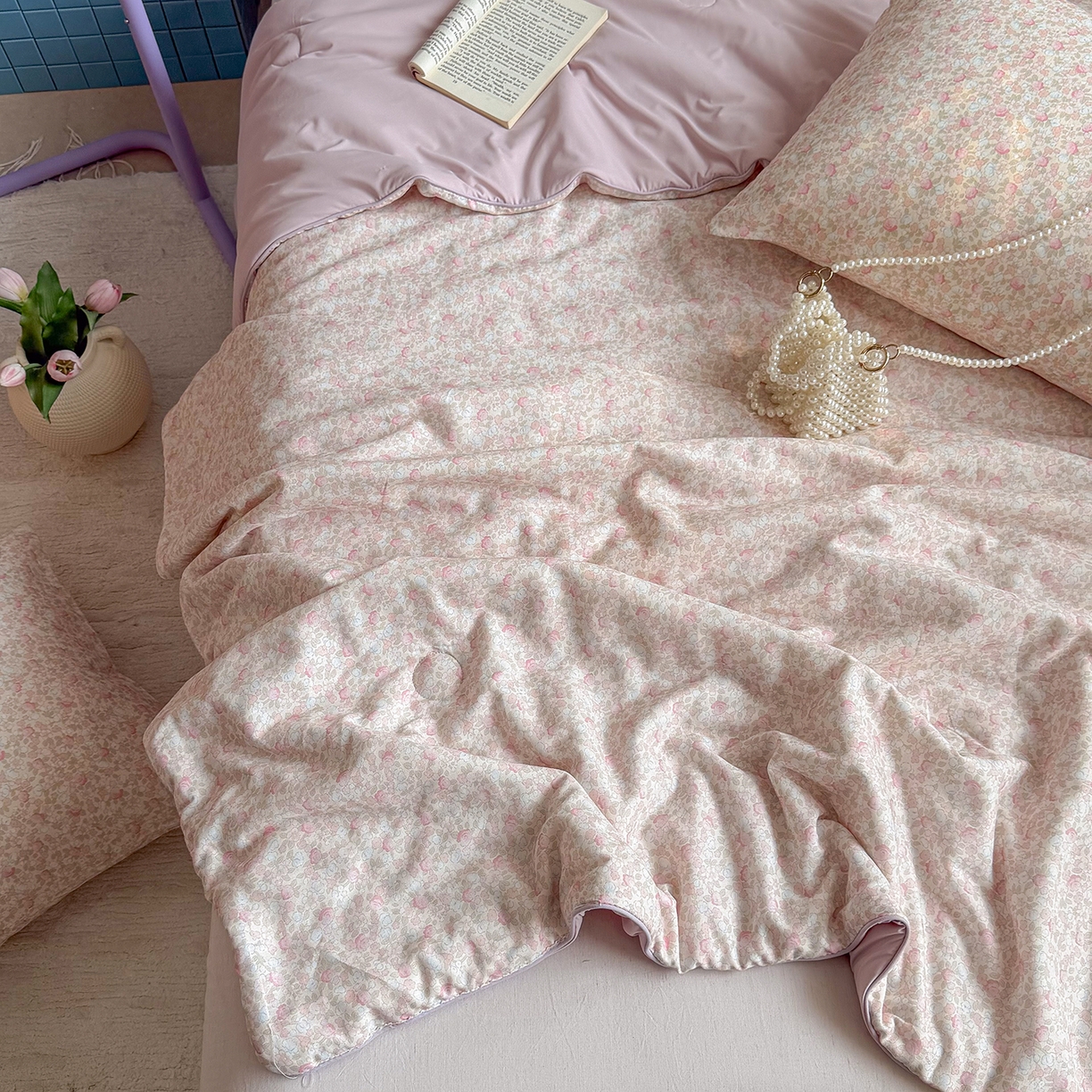 91家纺网 家纺一手货源 找家纺 麦伦家居 2026新品双层纱小冰皮夏被夏凉被空调被 樱花奶冻