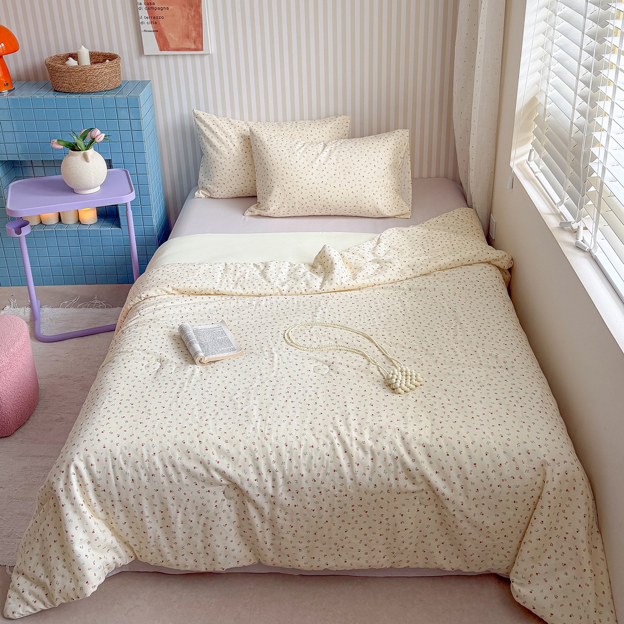 91家纺网 家纺一手货源 找家纺 麦伦家居 2026新品双层纱小冰皮夏被夏凉被空调被 奶杏小碎花