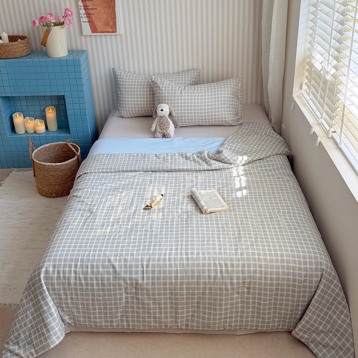 91家纺网 家纺一手货源 找家纺 麦伦家居 2026新品双层纱小冰皮夏被夏凉被空调被 方格蓝