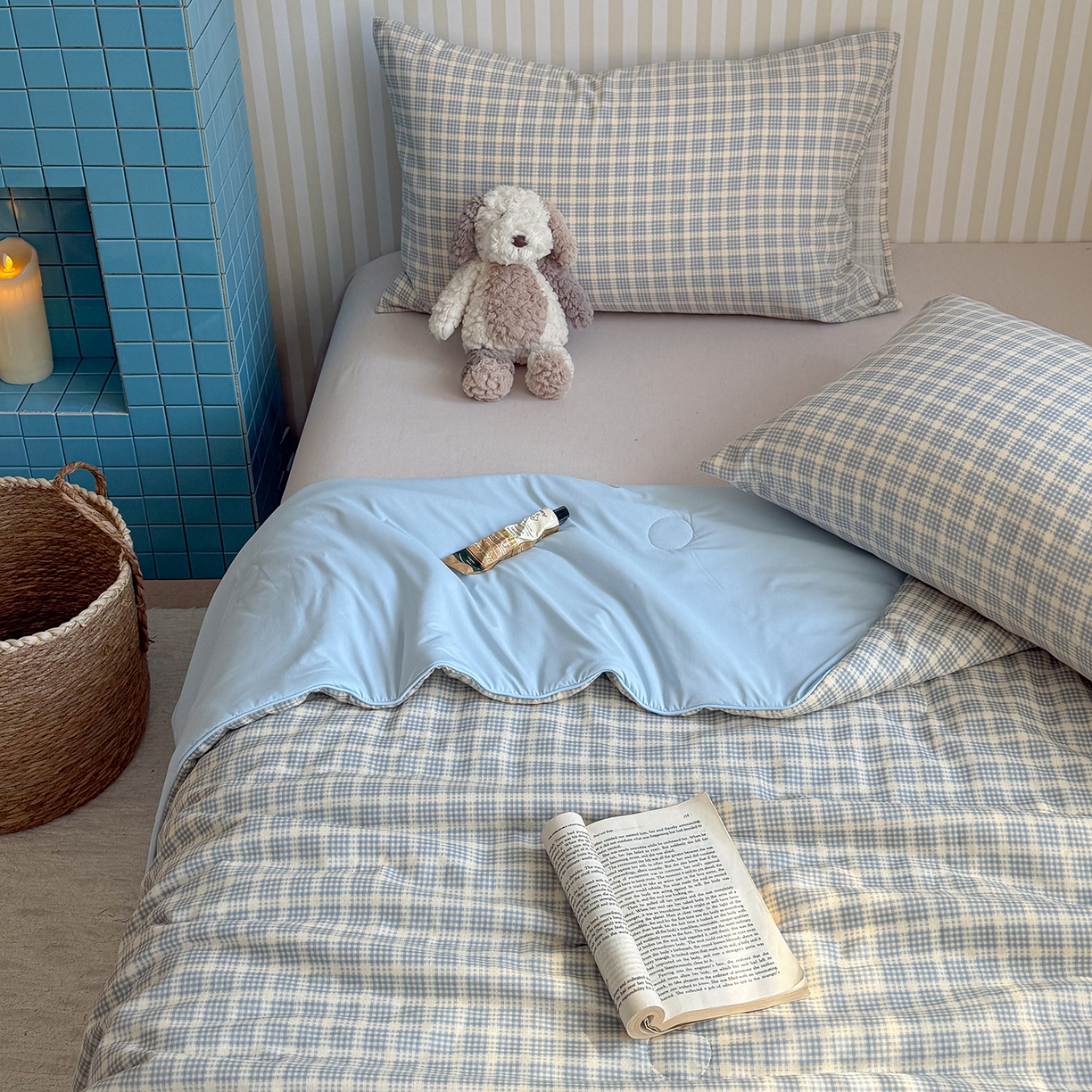 91家纺网 家纺一手货源 找家纺 麦伦家居 2026新品双层纱小冰皮夏被夏凉被空调被 方格蓝