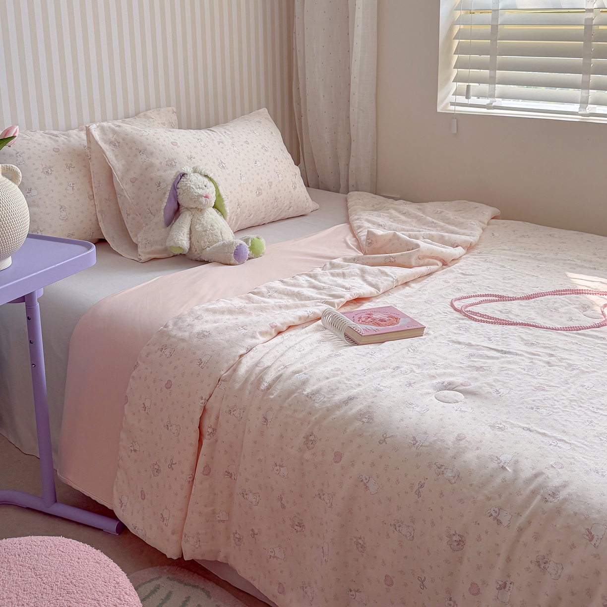 91家纺网 家纺一手货源 找家纺 麦伦家居 2026新品双层纱小冰皮夏被夏凉被空调被 粉兔甜心-粉