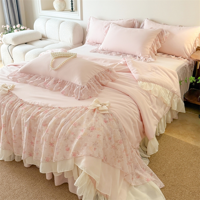 91家纺网 家纺一手货源 找家纺 （总）富盛家纺 2026新款雪纺蕾丝刺绣法式床裙韩版夏凉被空调被夏被四件套