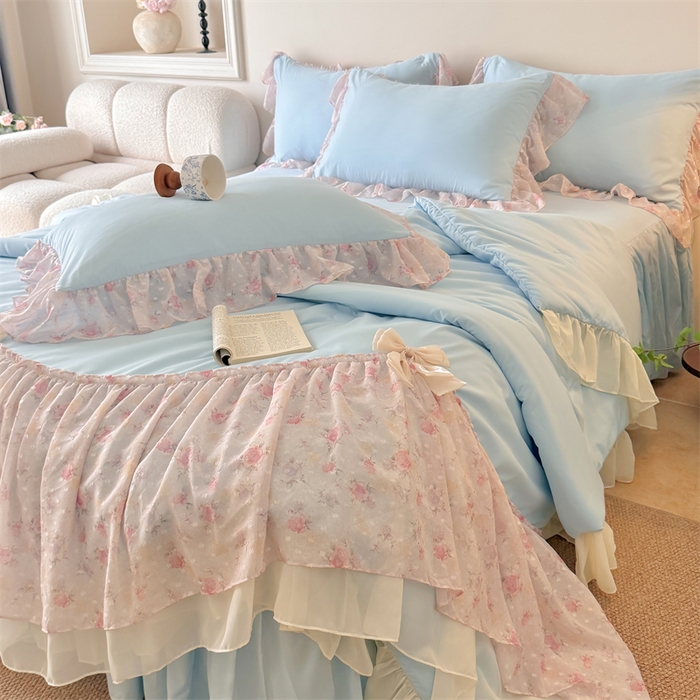 91家纺网 家纺一手货源 找家纺 （总）富盛家纺 2026新款雪纺蕾丝刺绣法式床裙韩版夏凉被空调被夏被四件套