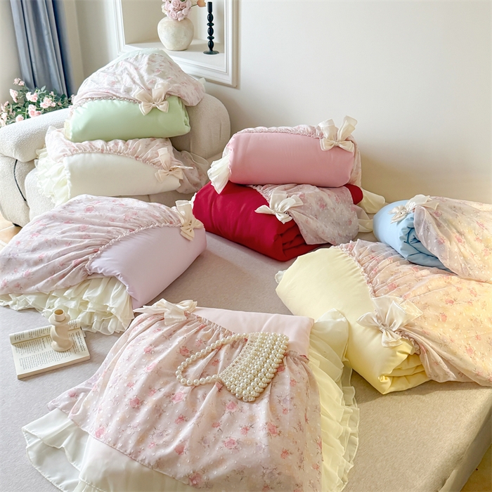 91家纺网 家纺一手货源 找家纺 （总）富盛家纺 2026新款雪纺蕾丝刺绣法式床裙韩版夏凉被空调被夏被四件套