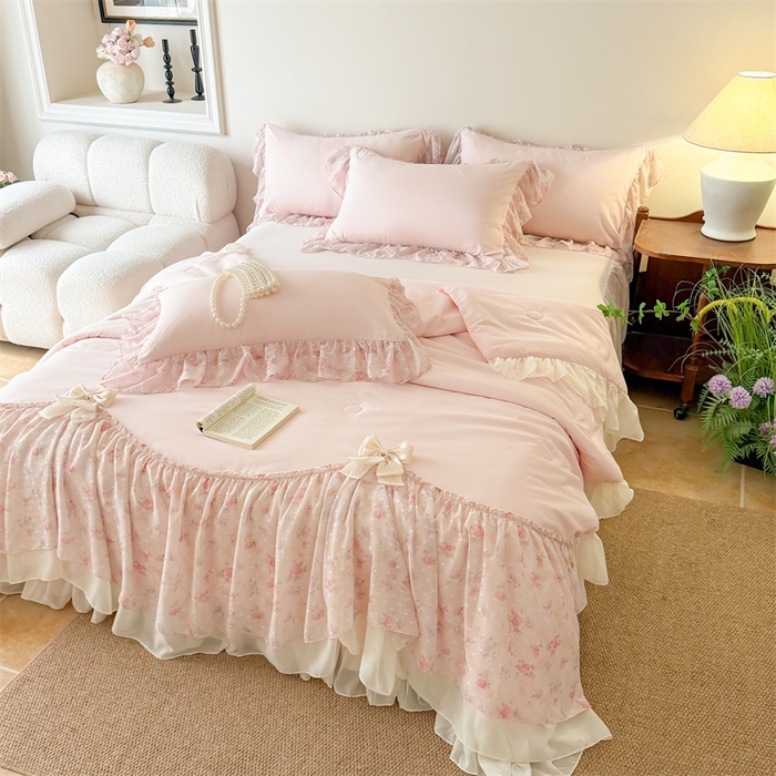 91家纺网 家纺一手货源 找家纺 富盛家纺 2026新款雪纺蕾丝刺绣法式床裙韩版夏凉被空调被夏被四件套 夏被四件套—浪漫主义（粉）