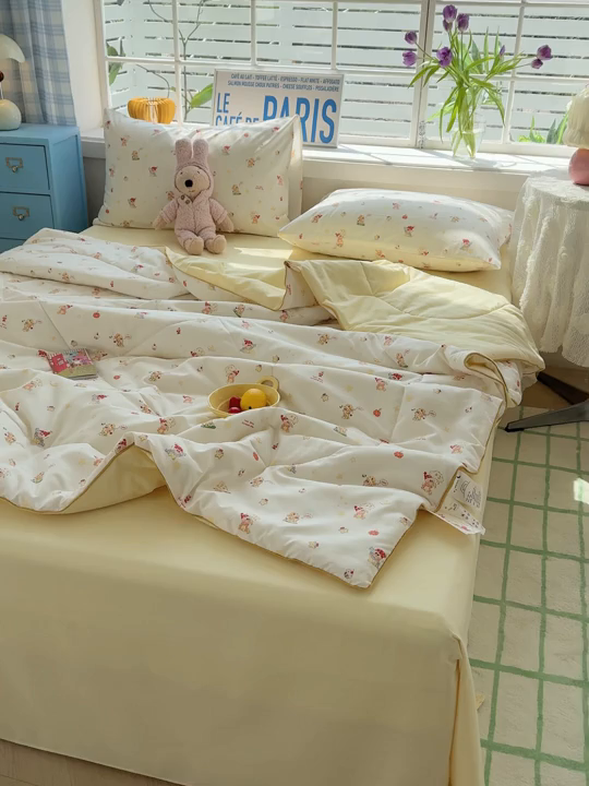 91家纺网 家纺一手货源 找家纺 美派 2026新款古法水洗云朵棉云感纱夏被夏凉被空调被 嗨皮星星人