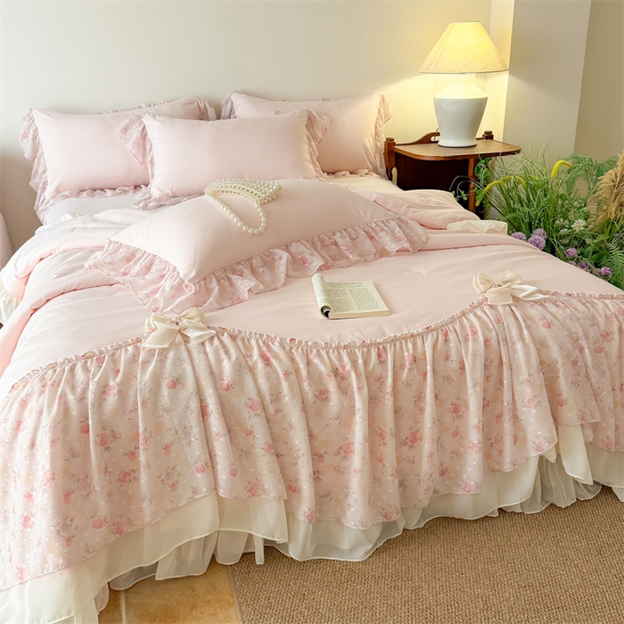 91家纺网 家纺一手货源 找家纺 富盛家纺 2026新款雪纺蕾丝刺绣法式床裙韩版夏凉被空调被夏被四件套 夏被四件套—浪漫主义（粉）