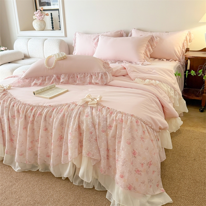 91家纺网 家纺一手货源 找家纺 富盛家纺 2026新款雪纺蕾丝刺绣法式床裙韩版夏凉被空调被夏被四件套 夏被四件套—浪漫主义（粉）