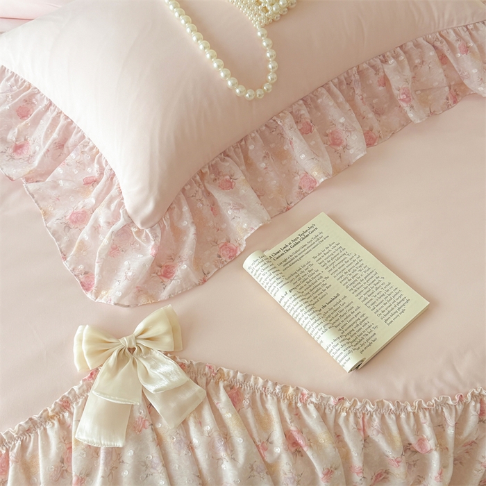 91家纺网 家纺一手货源 找家纺 富盛家纺 2026新款雪纺蕾丝刺绣法式床裙韩版夏凉被空调被夏被四件套 夏被四件套—浪漫主义（粉）