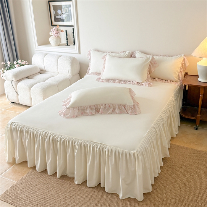 91家纺网 家纺一手货源 找家纺 富盛家纺 2026新款雪纺蕾丝刺绣法式床裙韩版夏凉被空调被夏被四件套 夏被四件套—浪漫主义（米白）