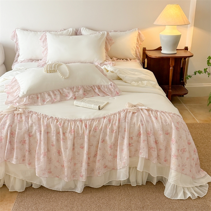 91家纺网 家纺一手货源 找家纺 富盛家纺 2026新款雪纺蕾丝刺绣法式床裙韩版夏凉被空调被夏被四件套 夏被四件套—浪漫主义（米白）