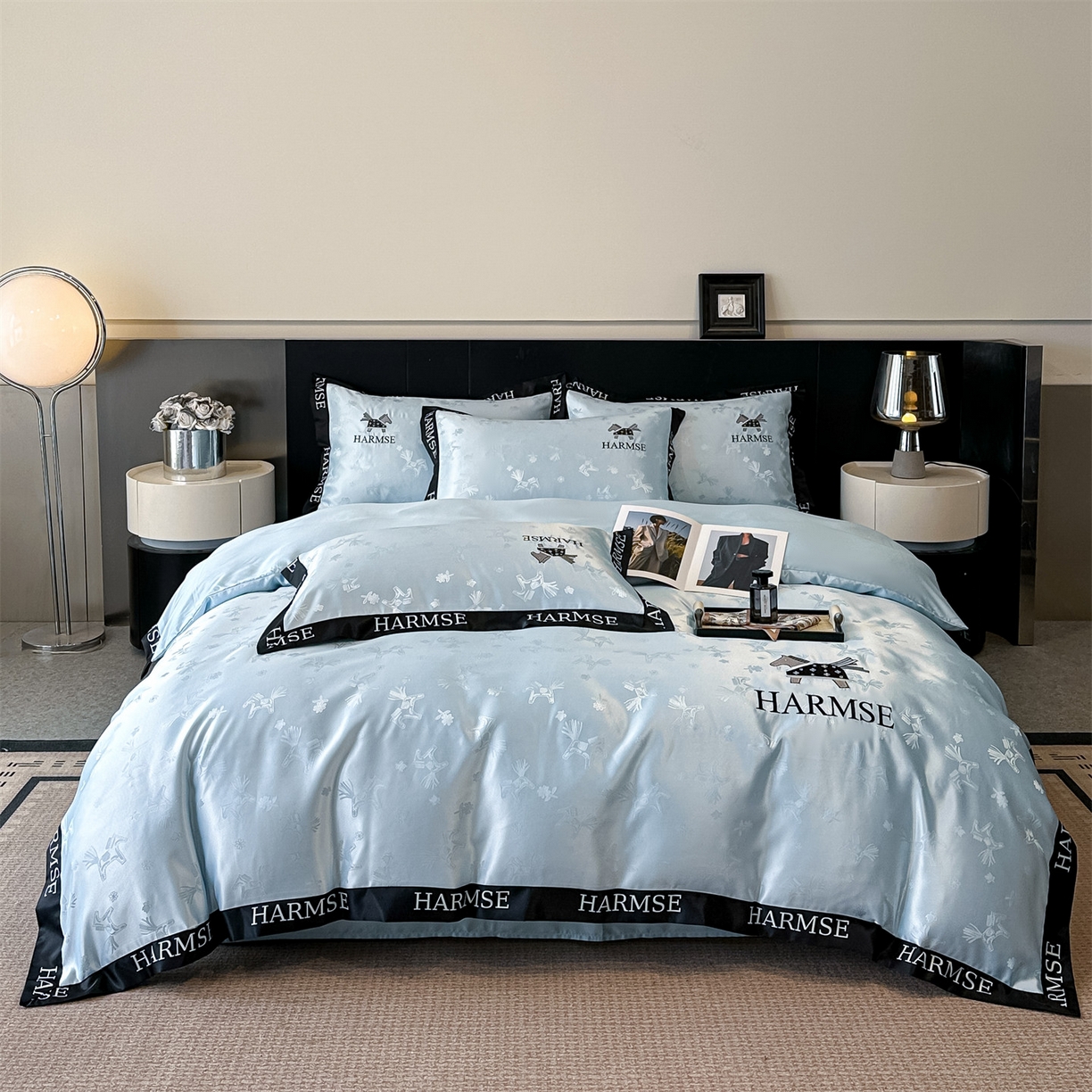 91家纺网 家纺一手货源 找家纺 笙意家纺 2026新款水洗冰丝刺绣宽边四件套-马力全开 马力全开-天空蓝