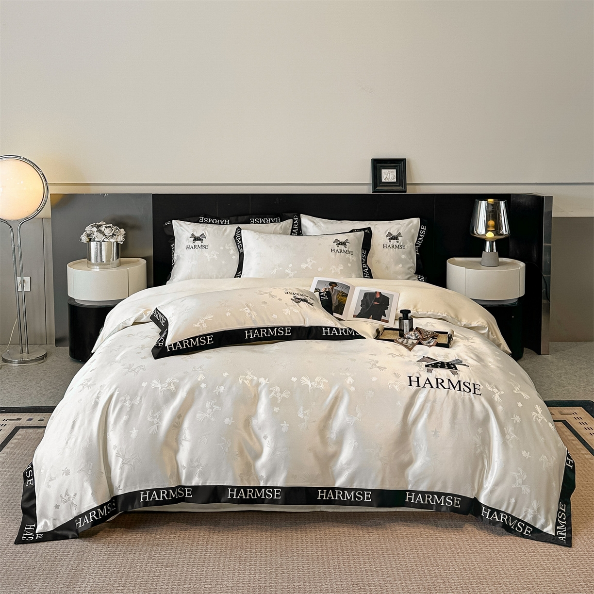 91家纺网 家纺一手货源 找家纺 笙意家纺 2026新款水洗冰丝刺绣宽边四件套-马力全开 马力全开-奶昔白