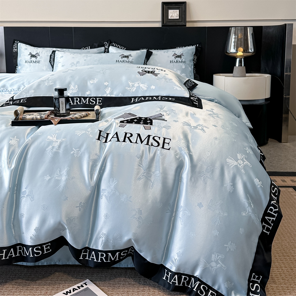 91家纺网 家纺一手货源 找家纺 笙意家纺 2026新款水洗冰丝刺绣宽边四件套-马力全开 马力全开-天空蓝