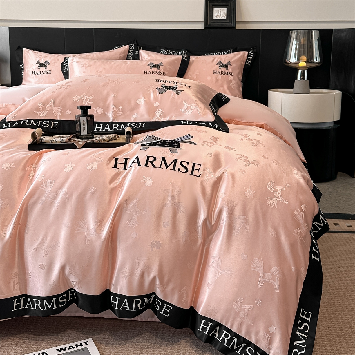 91家纺网 家纺一手货源 找家纺 笙意家纺 2026新款水洗冰丝刺绣宽边四件套-马力全开 马力全开-奶油粉