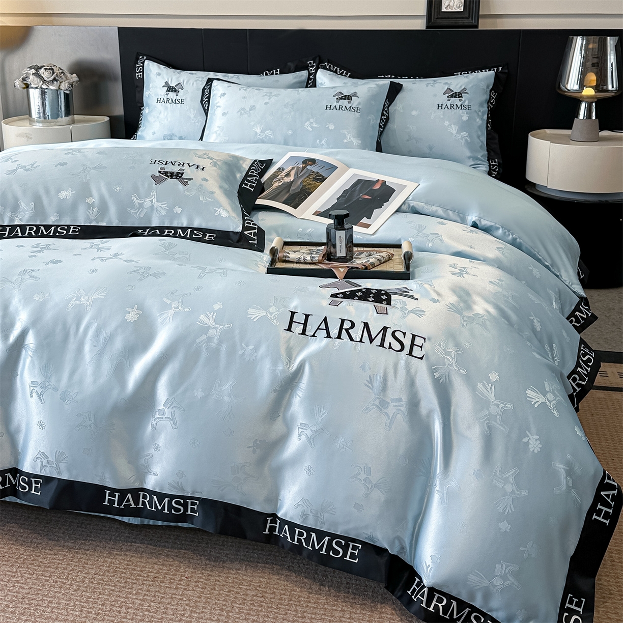 91家纺网 家纺一手货源 找家纺 笙意家纺 2026新款水洗冰丝刺绣宽边四件套-马力全开 马力全开-天空蓝