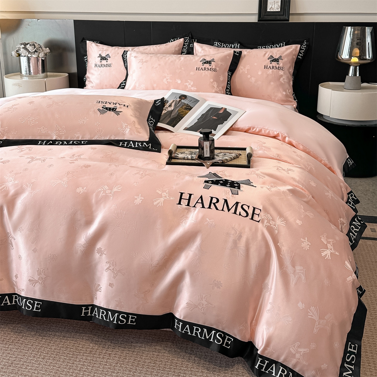 91家纺网 家纺一手货源 找家纺 笙意家纺 2026新款水洗冰丝刺绣宽边四件套-马力全开 马力全开-奶油粉