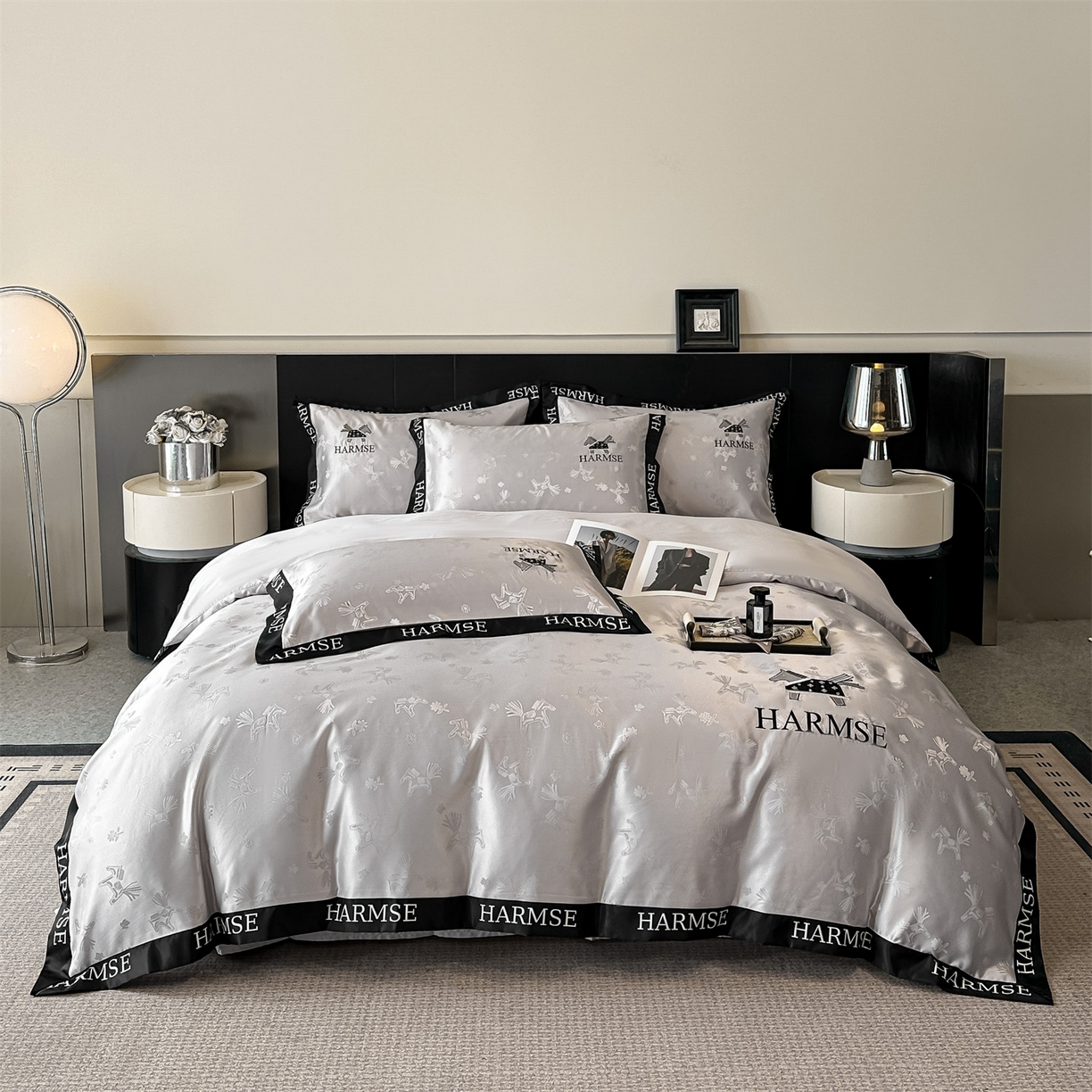 91家纺网 家纺一手货源 找家纺 笙意家纺 2026新款水洗冰丝刺绣宽边四件套-马力全开 马力全开-山灰