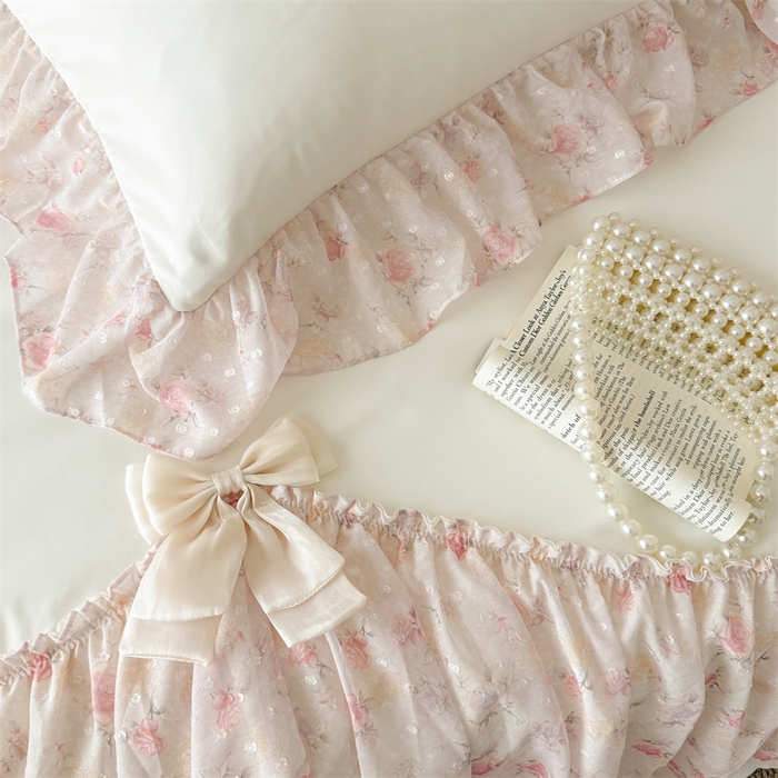 91家纺网 家纺一手货源 找家纺 富盛家纺 2026新款雪纺蕾丝刺绣法式床裙韩版夏凉被空调被夏被四件套 夏被四件套—浪漫主义（米白）