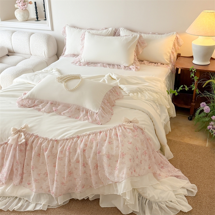 91家纺网 家纺一手货源 找家纺 富盛家纺 2026新款雪纺蕾丝刺绣法式床裙韩版夏凉被空调被夏被四件套 夏被四件套—浪漫主义（米白）