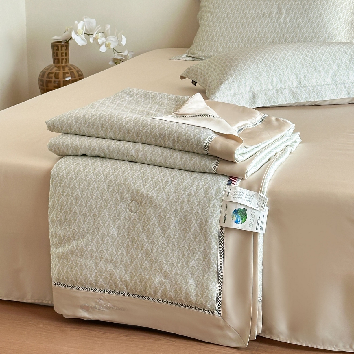 91家纺网 家纺一手货源 找家纺 丽笙被芯 2026新款兰精天丝数码印花Naia镂空夏被夏凉被空调被 奥利尔-绿