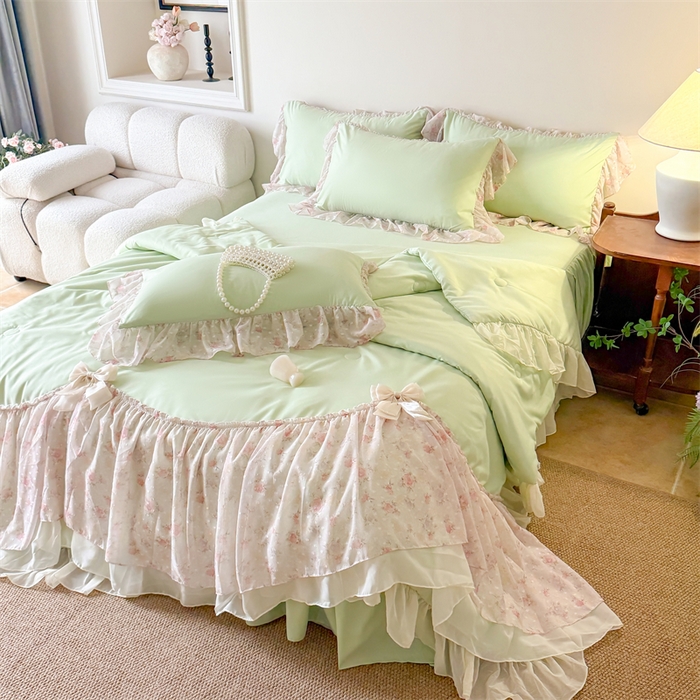 富盛家纺 2026新款雪纺蕾丝刺绣法式床裙韩版夏凉被空调被夏被四件套 夏被四件套—浪漫主义（绿）