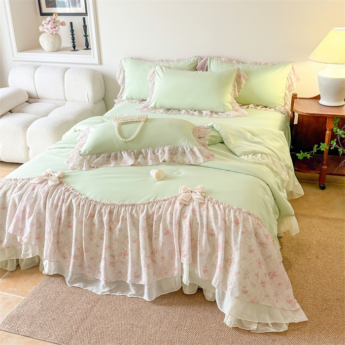 91家纺网 家纺一手货源 找家纺 富盛家纺 2026新款雪纺蕾丝刺绣法式床裙韩版夏凉被空调被夏被四件套 夏被四件套—浪漫主义（绿）