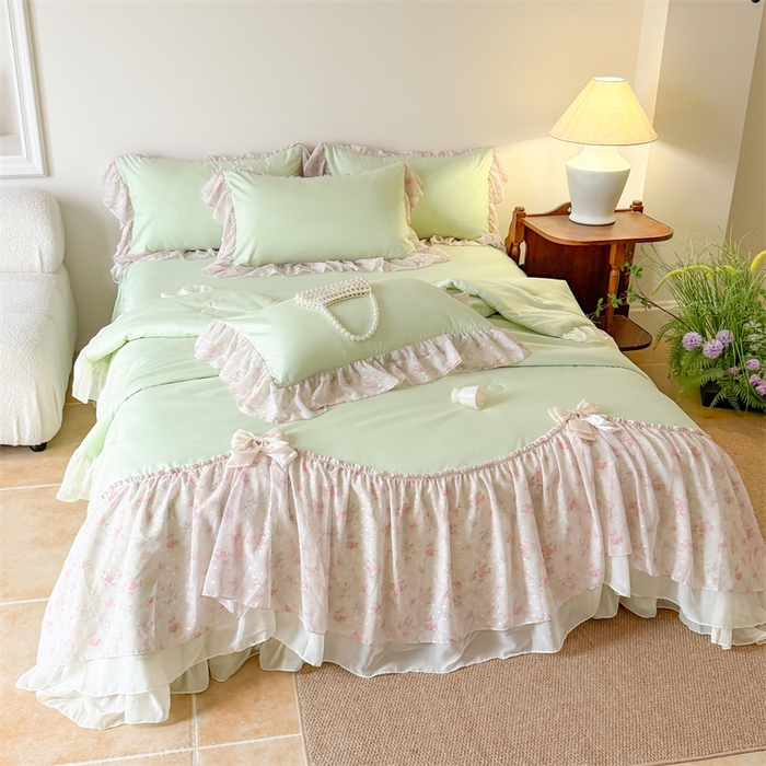 91家纺网 家纺一手货源 找家纺 富盛家纺 2026新款雪纺蕾丝刺绣法式床裙韩版夏凉被空调被夏被四件套 夏被四件套—浪漫主义（绿）