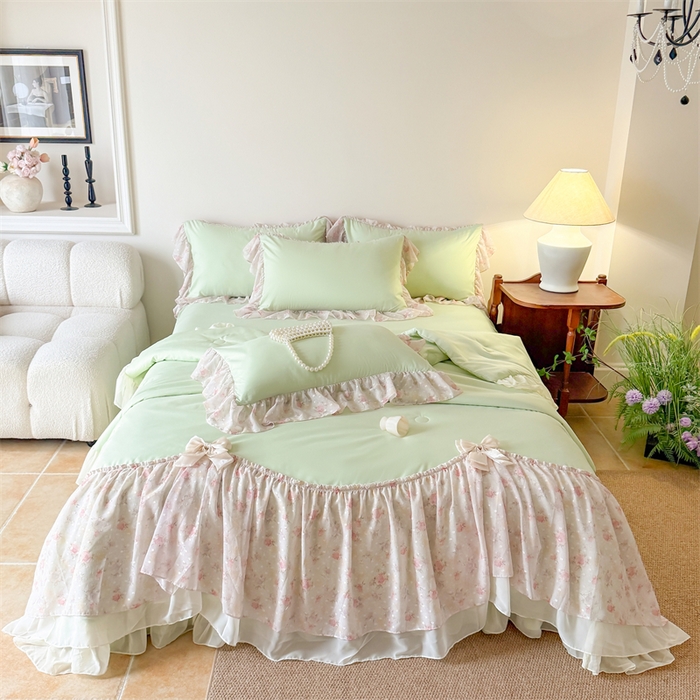 91家纺网 家纺一手货源 找家纺 富盛家纺 2026新款雪纺蕾丝刺绣法式床裙韩版夏凉被空调被夏被四件套 夏被四件套—浪漫主义（绿）